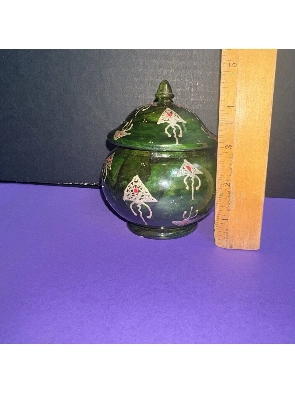 Vtg. Hand Painted Green Wooden Lidded Jar Apothecary Trinket Box Folk Art 4.5”